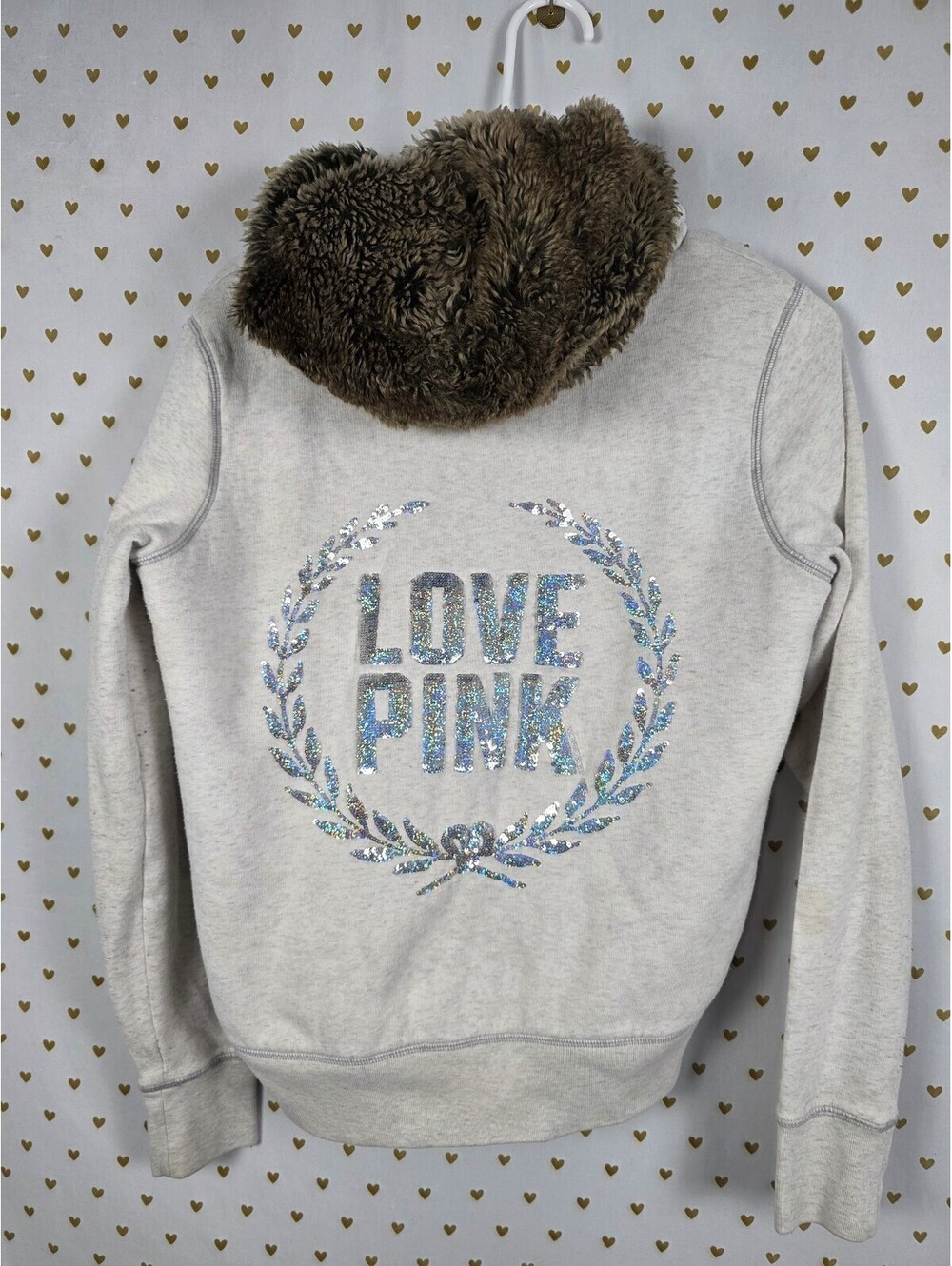 Victoria’s Secret PINK LOVE PINK Sequin BLING Faux Fur Zip Hoodie S Rare